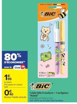 BIC 1 stylo-bille 4 couleurs + 1 surligneur "Kawaii"