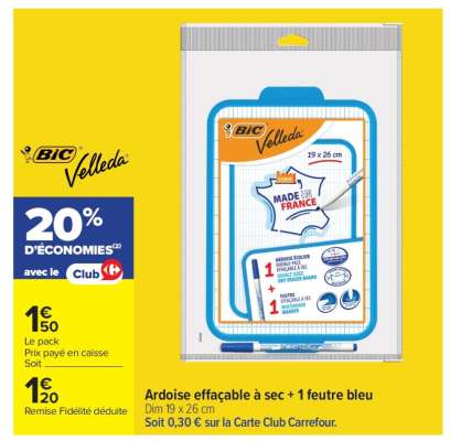 BIC Velleda Ardoise effaçable à sec + 1 feutre bleu