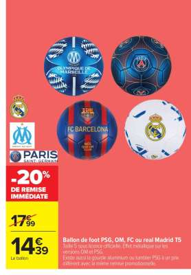 Ballon de foot PSG, OM, FC ou real Madrid T5