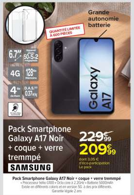 Pack Smartphone Galaxy A17 Noir + coque + verre trempé