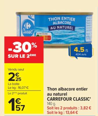 Thon Albacore entier au naturel CARREFOUR CLASSIC’