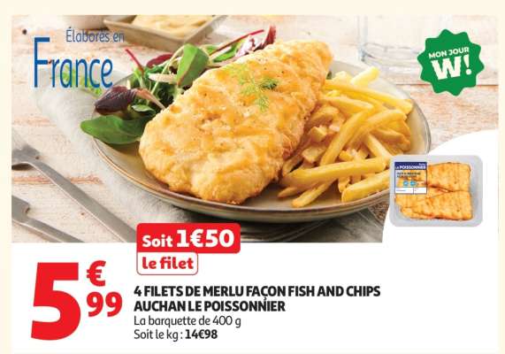 4 FILETS DE MERLU FAÇON FISH AND CHIPS AUCHAN LE POISSONNIER