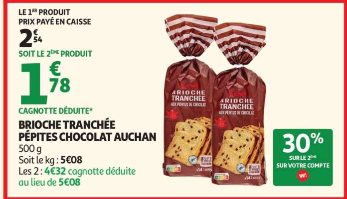 BRIOCHE TRANCHÉE PÉPITES CHOCOLAT AUCHAN