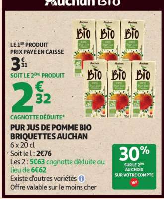 PUR JUS DE POMME BIO BRIQUETTES AUCHAN