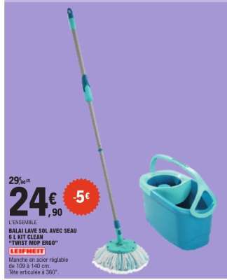 BALAI LAVE SOL AVEC SEAU 6 L KIT CLEAN "TWIST MOP ERGO"