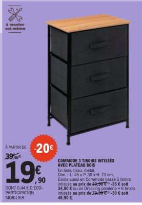 COMMODE 3 TIROIRS INTISSÉS AVEC PLATEAU BOIS