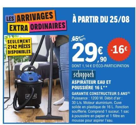 Scheppach Aspirateur Eau et Poussière 16 L