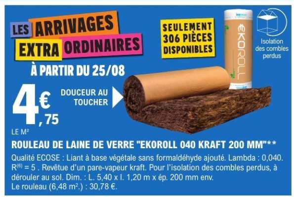 ROULEAU DE LAINE DE VERRE "EKOROLL 040 KRAFT 200 MM"