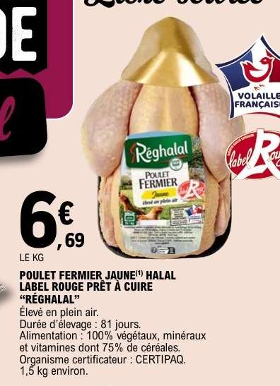 POULET FERMIER JAUNE HALAL LABEL ROUGE PRÊT À CUIRE "RÉGHALAL"