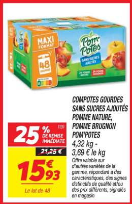 COMPOTES GOURDES SANS SUCRES AJOUTÉS POMME NATURE, POMME BRUGNON POM'POTES