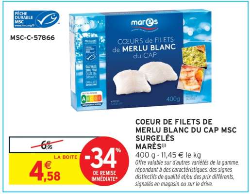 COEURS DE FILETS DE MERLU BLANC DU CAP MSC SURGELÉS MARÉS