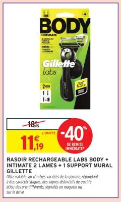 RASOIR RECHARGEABLE LABS BODY + INTIMATE 2 LAMES + 1 SUPPORT MURAL GILLETTE