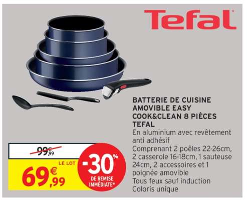 BATTERIE DE CUISINE AMOVIBLE EASY COOK&CLEAN 8 PIÈCES TEFAL