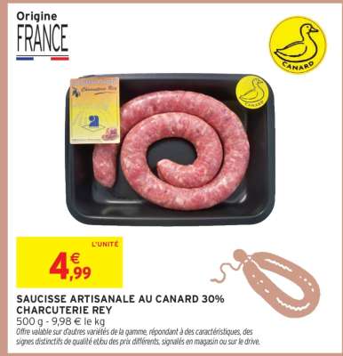 SAUCISSE ARTISANALE AU CANARD 30% CHARCUTERIE REY