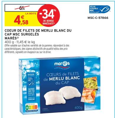COEUR DE FILETS DE MERLU BLANC DU CAP MSC SURGELÉS MARÉS
