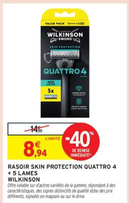 RASOIR SKIN PROTECTION QUATTRO 4 + 5 LAMES WILKINSON