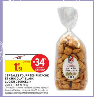 CÉRÉALES FOURRÉES PISTACHE ET CHOCOLAT BLANC LUCIEN GEORGELIN