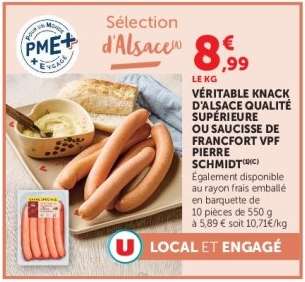 Véritable Knack d'Alsace Qualité Supérieure ou Saucisse de Francfort VPF Pierre Schmidt