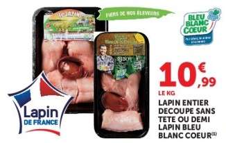 Lapin entier découpé sans tête ou demi lapin Bleu Blanc Coeur