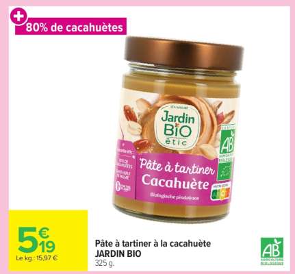 Pâte à tartiner à la cacahuète JARDIN BIO