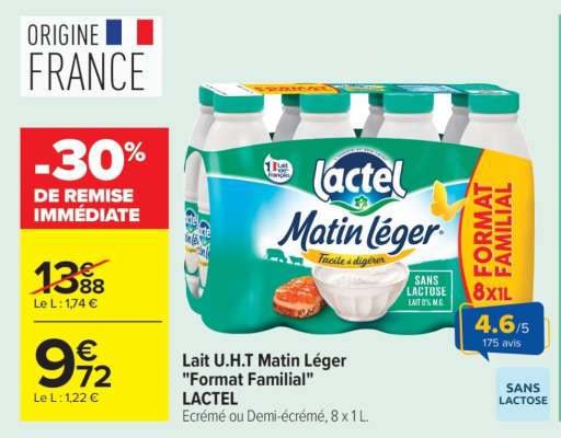 Lait U.H.T Matin Léger "Format Familial" LACTEL
