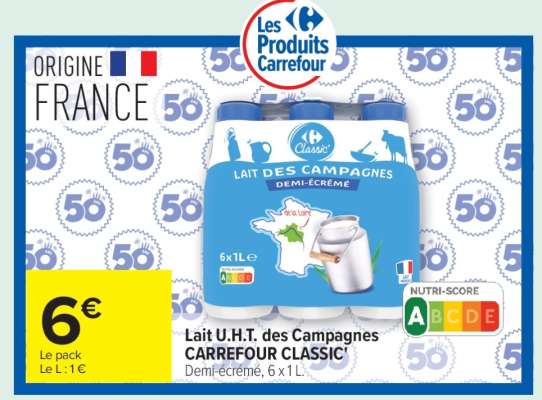 Lait U.H.T. des Campagnes CARREFOUR CLASSIC'