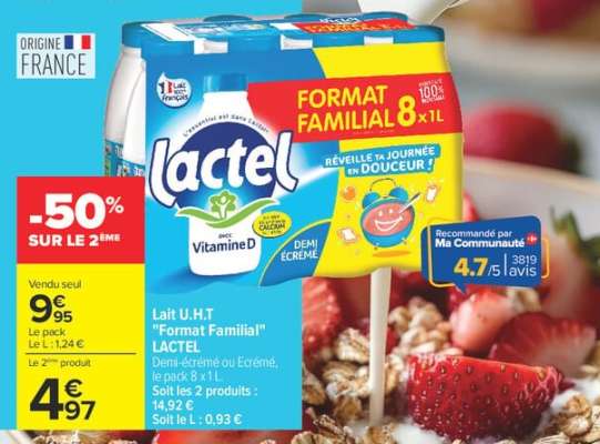 Lait U.H.T. "Format Familial" LACTEL