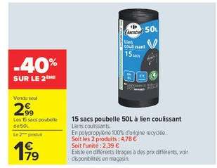 15 sacs poubelle 50L à lien coulissant