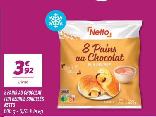 8 PAINS AU CHOCOLAT PUR BEURRE SURGELÉS NETTO