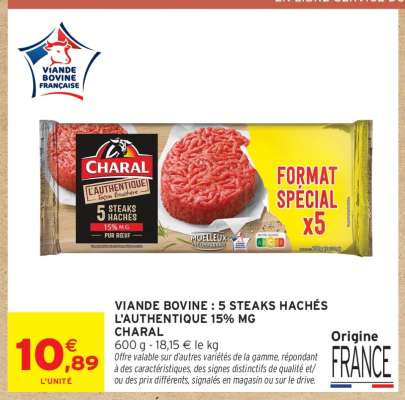 VIANDE BOVINE : 5 STEAKS HACHÉS L'AUTHENTIQUE 15% MG CHARAL