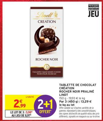 TABLETTE DE CHOCOLAT CRÉATION ROCHER NOIR PRALINÉ LINDT
