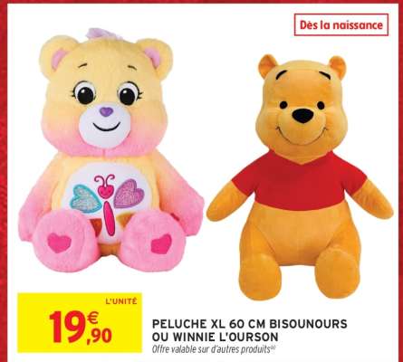 PELUCHE XL 60 CM BISOUNOURS OU WINNIE L'OURSON