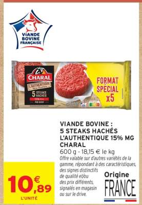VIANDE BOVINE : 5 STEAKS HACHÉS L'AUTHENTIQUE 15% MG CHARAL