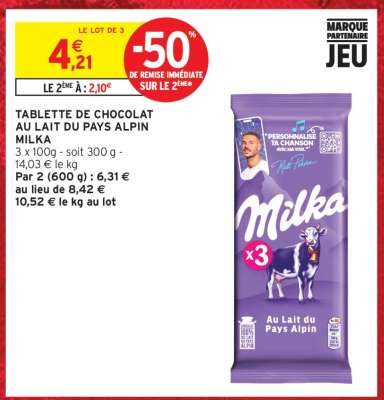 TABLETTE DE CHOCOLAT AU LAIT DU PAYS ALPIN MILKA