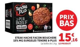 STEAK HACHE FACON BOUCHERE 15% MG SURGELES TENDRE & PLUS