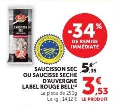 SAUCISSON SEC OU SAUCISSE SECHE D'AUVERGNE LABEL ROUGE BELL