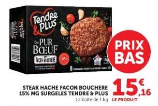 STEAK HACHE FACON BOUCHERE 15% MG SURGELES TENDRE & PLUS