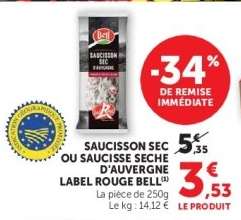 SAUCISSON SEC OU SAUCISSE SECHE D'AUVERGNE LABEL ROUGE BELL