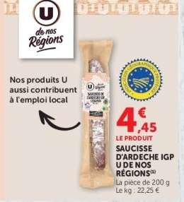 SAUCISSE D'ARDÈCHE IGP U DE NOS RÉGIONS