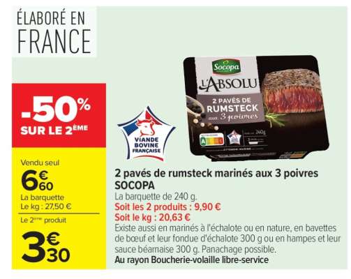 2 pavés de rumsteck marinés aux 3 poivres SOCOPA
