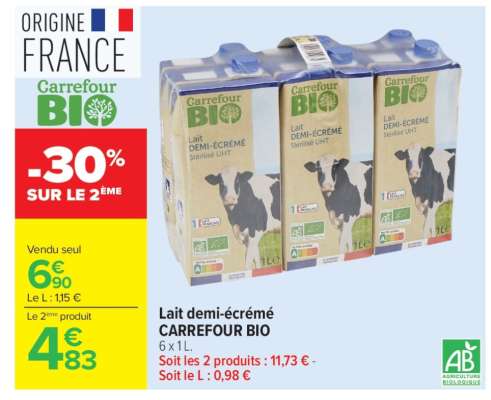 Lait demi-écrémé CARREFOUR BIO