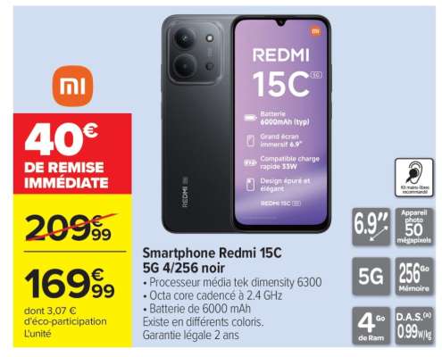 Smartphone Redmi 15C 5G 4/256 noir