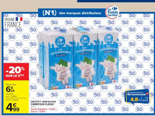 Lait U.H.T. demi-écrémé CARREFOUR CLASSIC'