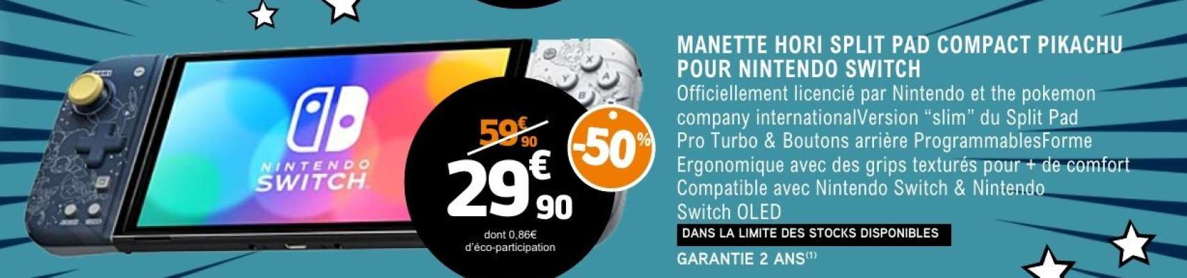 MANETTE HORI SPLIT PAD COMPACT PIKACHU POUR NINTENDO SWITCH