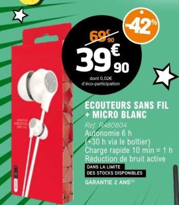 ECOUTEURS SANS FIL + MICRO BLANC