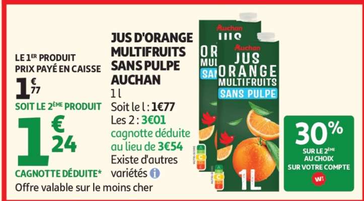 JUS D'ORANGE MULTIFRUITS SANS PULPE AUCHAN
