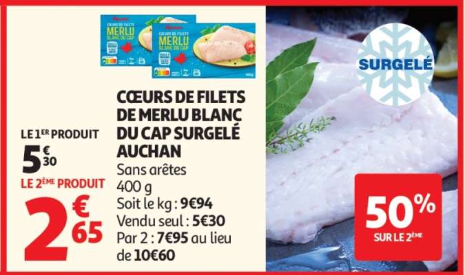 CŒURS DE FILETS DE MERLU BLANC DU CAP SURGELÉ AUCHAN
