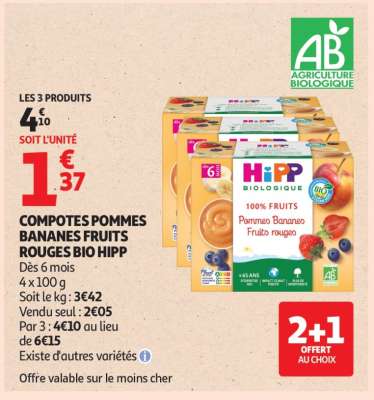 COMPOTES POMMES BANANES FRUITS ROUGES BIO HIPP