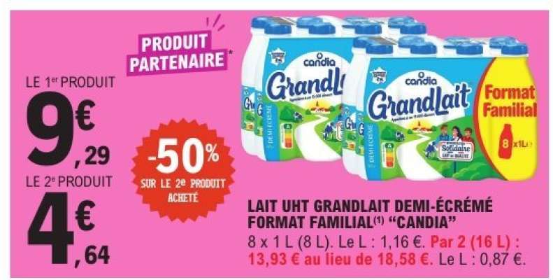 Lait UHT Grandlait Demi-Écrémé Format Familial 'Candia'