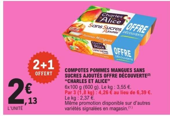 COMPOTES POMMES MANGUES SANS SUCRES AJOUTÉS OFFRE DÉCOUVERTE "CHARLES ET ALICE"